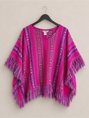 Billabong Pink Boho Poncho Sweater Fringe Southwestern Festival Top M/L